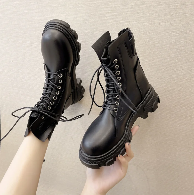 

Женские ботинки в стиле ретро, ботильоны на толстом каблуке, со шнуровкой, мотоциклетные ботинки, боевые ботинки для женщин, Новинка осени ...