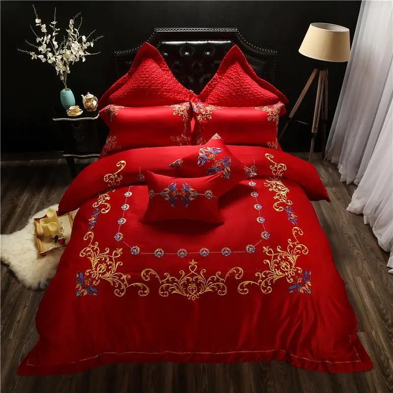 

Luxury Silk Cotton Satin Classic Red Wedding Bedding Set Embroidery Duvet cover Bed Sheet Pillowcases Queen King size J/6/8pcs