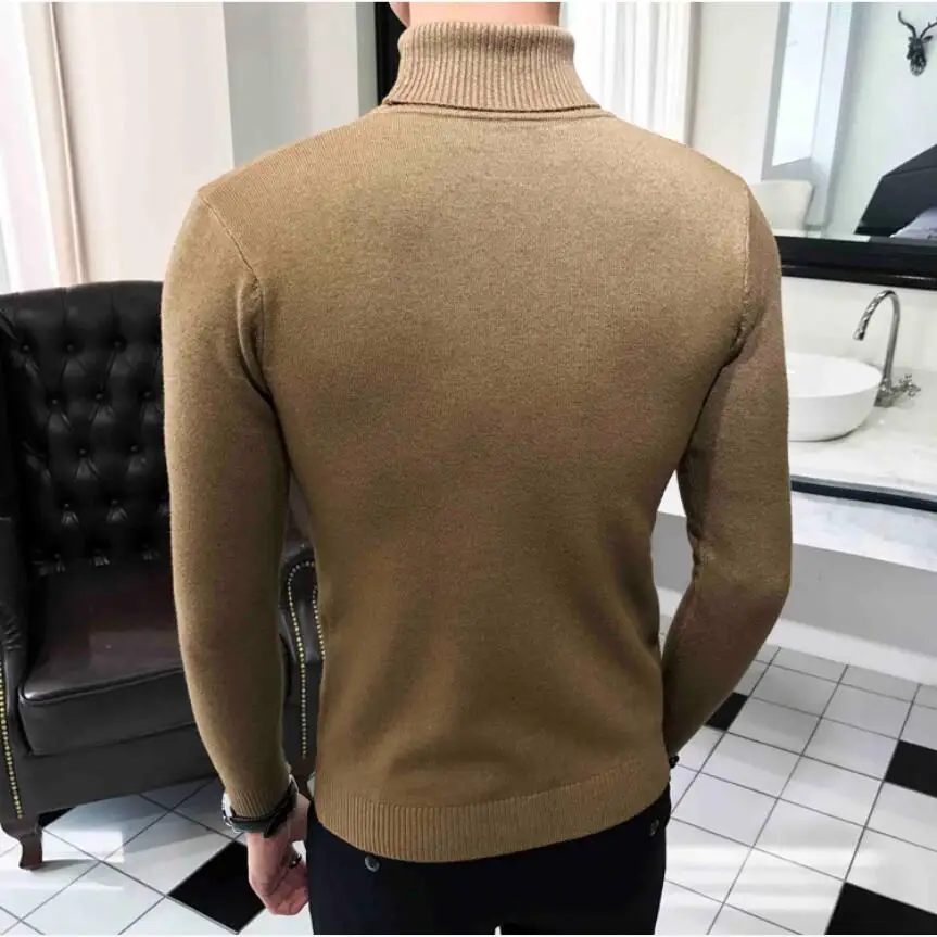 Мужской плотный теплый свитер с высоким воротом облегающий трикотажный пуловер