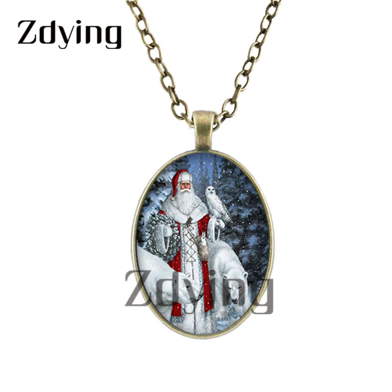 Zdying 2019 овальная подвеска Санта Клауса ожерелье стеклянный Рождественский пейзаж