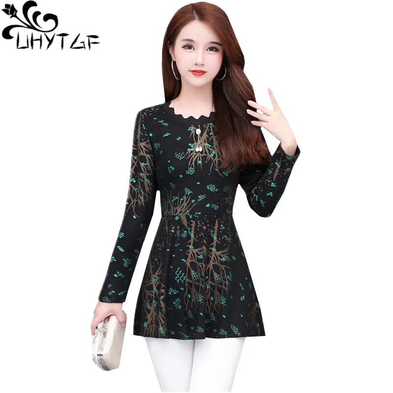 

UHYTGF 5XL Big Size T-Shirt Female Fashion Print Pullover Spring Autumn Top Women Long Sleeve Slim Elegant Womens T-Shirts 1031