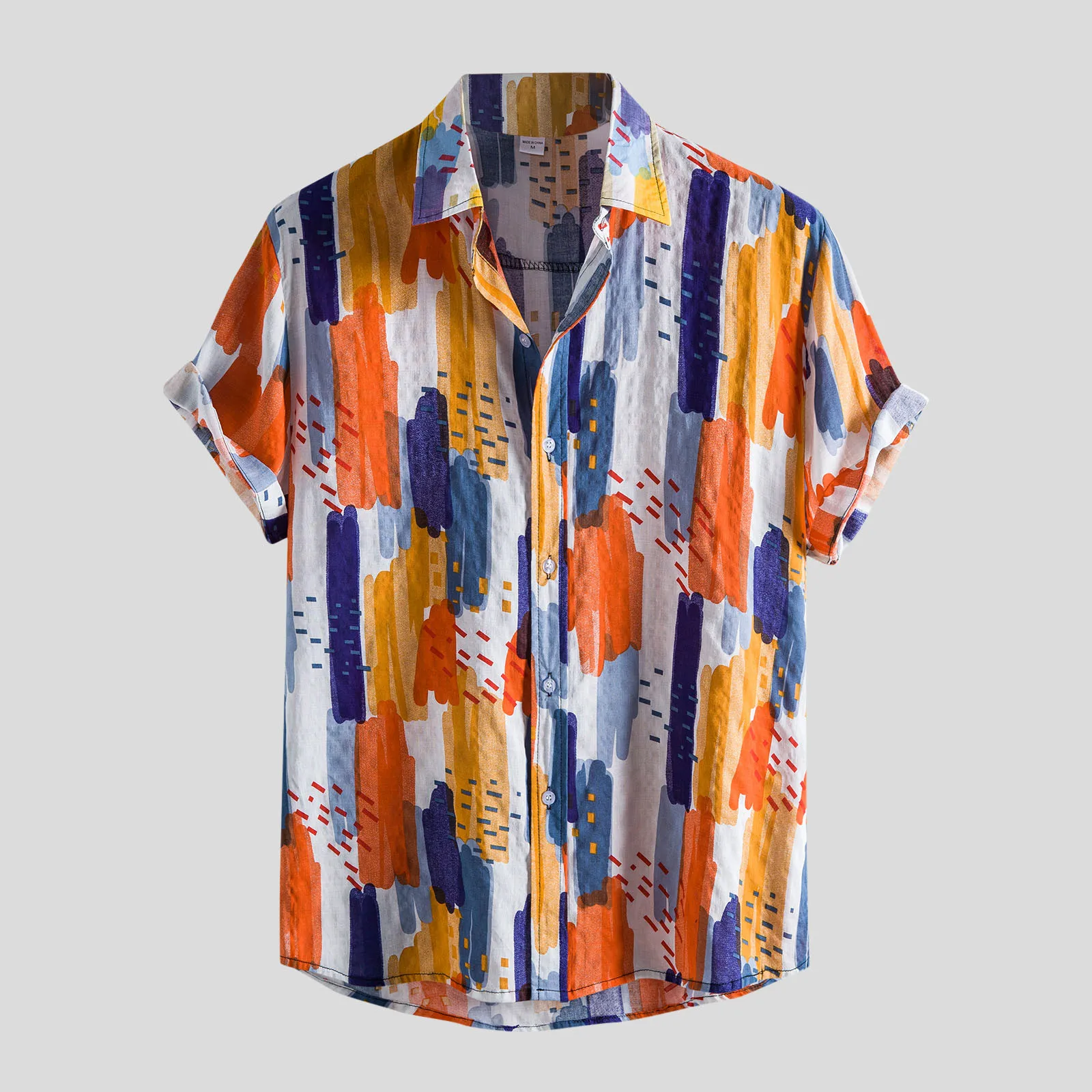 

2021 New Men Short Sleeve Color Printed Casual Blouse Hawaiian Shirt Male Tops Summer Geometric Plus Size Button Lapel Shirts M6