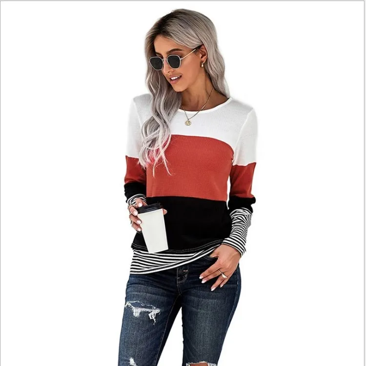 

Autumn And Winter Woman Knitted Clothes Sweaters Stitching Color Long Sleeve Winter Blouses For Top Clothing For Women