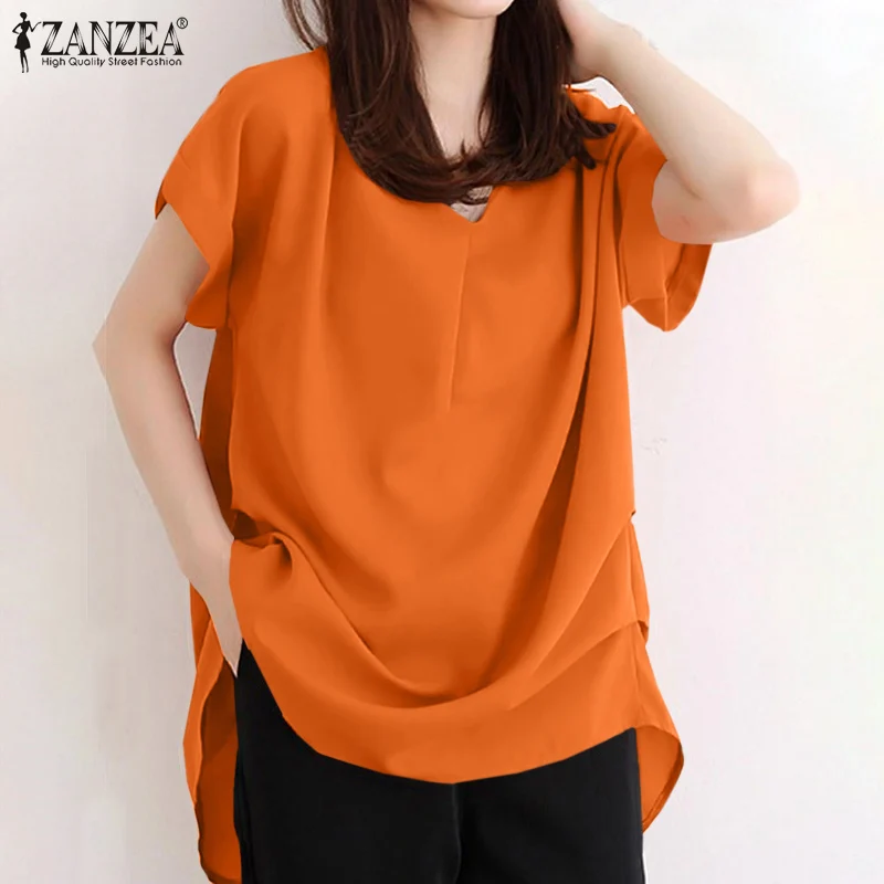 

ZANZEA летняя блузка женская модная однотонная Свободная рубашка оверсайз плиссированные Блузы Повседневная сорочка с v-образным вырезом с ко...