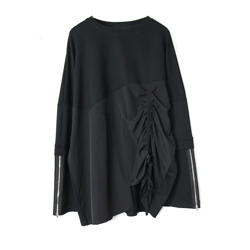 

Stitching drawstring irregular large T-shirt for women A475