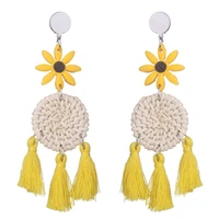 2022 spring summer yellow cotton tassel polymer clay sunflower rattan dangle drop earrings for women boho pastoral style jewelry
