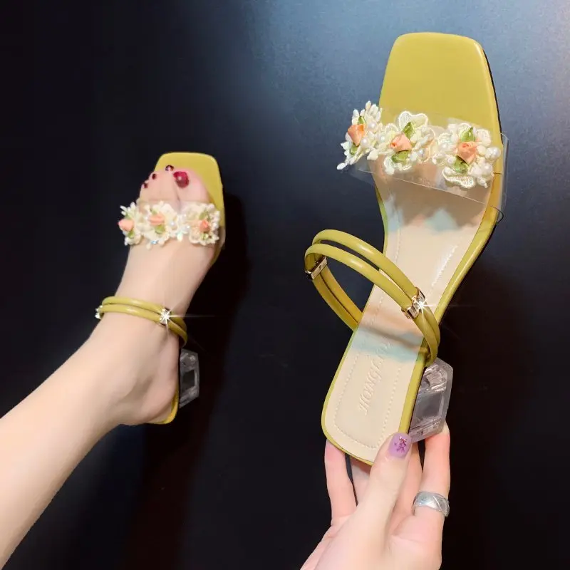 

2021 Clear Heels Slippers Women Sandals Summer Shoes Woman Transparent PVC High Pumps Wedding Flower Damskie Square Heels Shoes