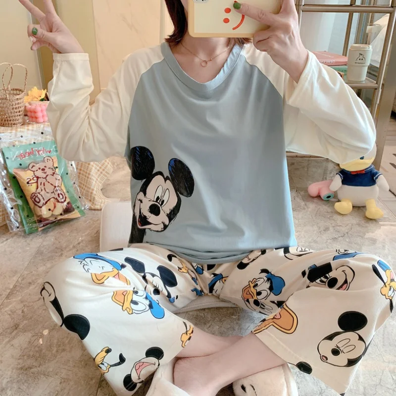 Disney Autumn Women's Sleep Lounge Set Pajama Long Sleeved Woman Mickey Mouse Pajama Set Cartoon Pyjamas Sleepwear M L XL XXL