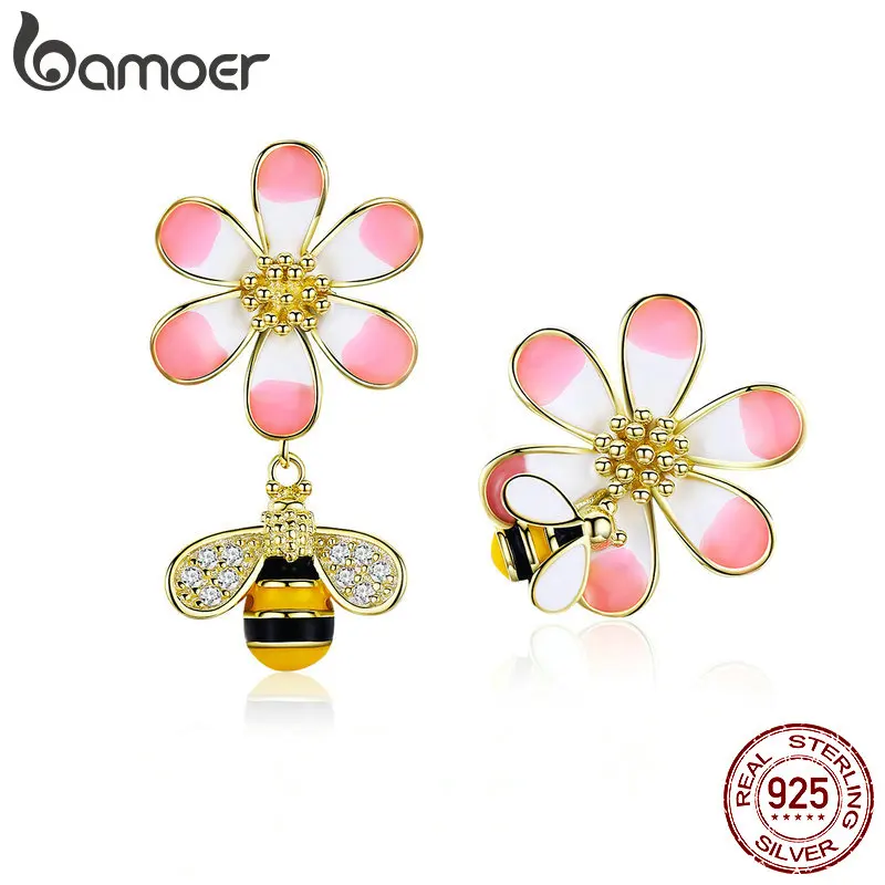 BAMOER 925 Серебряные серьги для Для женщин эмаль, цветок с Пчелой асимметрия в Корейском стиле в виде капель с кристаллами в форме девушка свежие летние босоножки серебристого цвета подарок BSE069