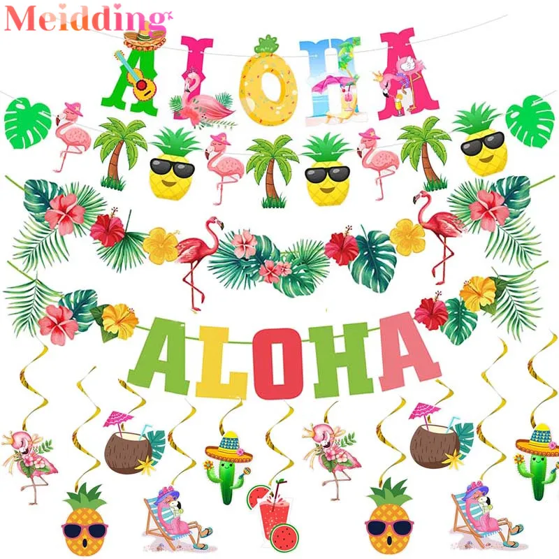 

Flamingo ALOHA Happy Birthday Banner Bunting Garland Hawaii Party Decor Summer Tropical Party Luau Aloha Birthday Party Supplies