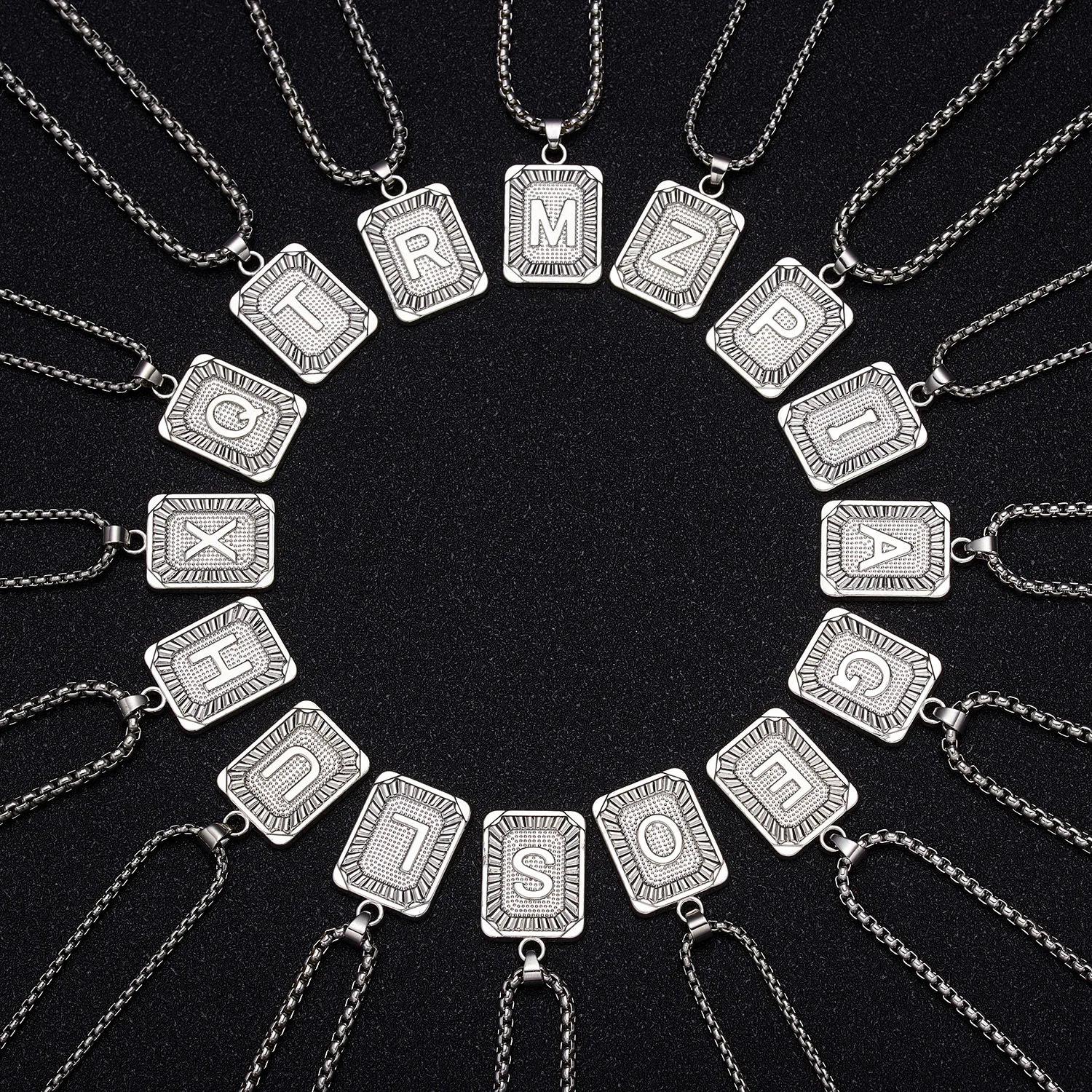 

Initials Pendant Letter Name Necklace For Women Men Gold Silver Color Square Alphabet Charm Box Link Chain Couple Jewelry