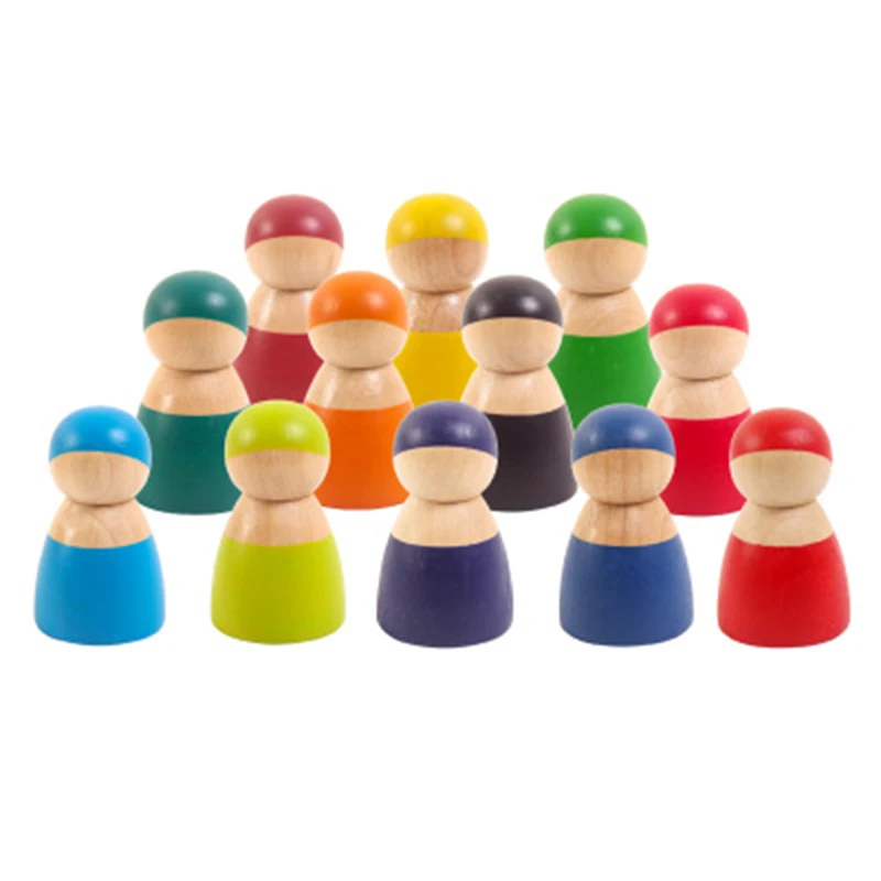 

Montessori Toys Rainbow Set Friends Peg Dolls Wooden Toy Pretend People Figures Environmental Safety Paint Kids Gift