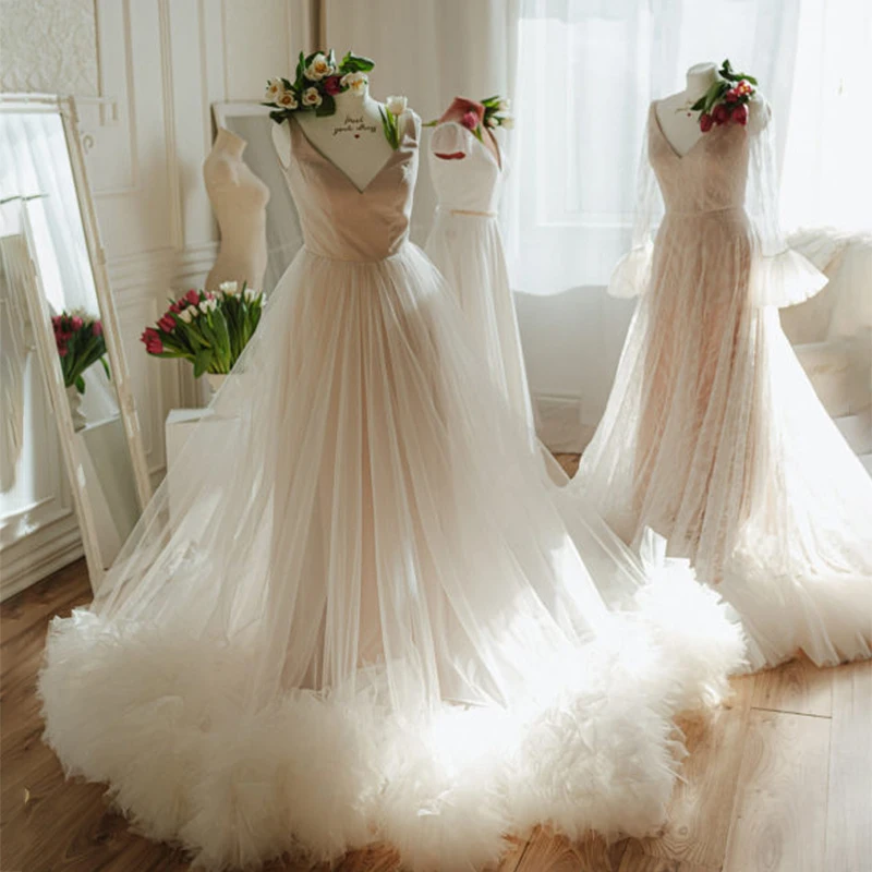 

Charming Tranparent Tulle Wedding Dress Sexy V Neck Ruffles A Line Wedding Dresses Robe De Mariee Bridal Gown