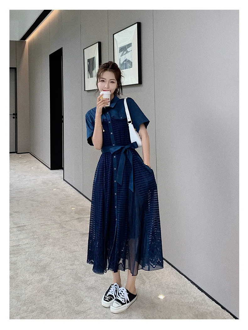 

2021 Summer Splice Lace Bandage Shirt Dress Women Fashion Korena Elegant Slim Casual Short Sleeve Lapel Blue Long Dresses Woman