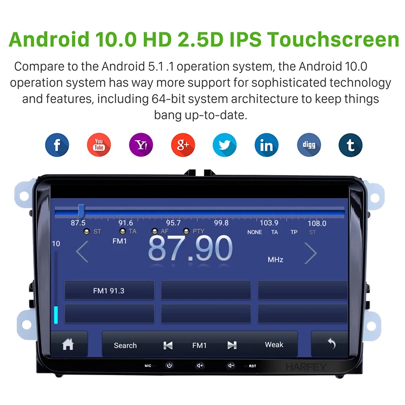 Автомобильный мультимедийный плеер Harfey 2 din 4 ядра GPS Android 10 0 API 29 Авторадио для