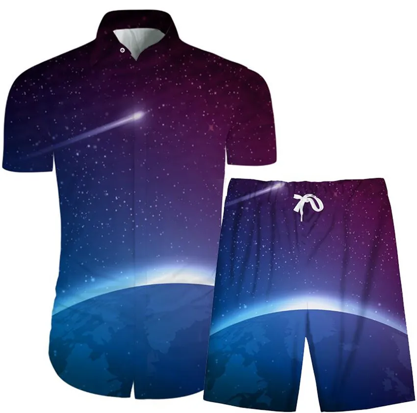 

KISSQIQI New Starry Sky 3d Printed shirt Suits Men Summer Casual Man's shirt Suits Male Creative Streetwear Asian Size XXS-3X