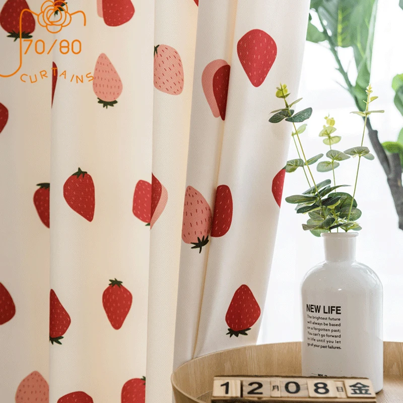 Japanese-style Childrens Room Girl Illustration Pink Strawberry Print Curtains for Living Room Bedroom Partition Finished
