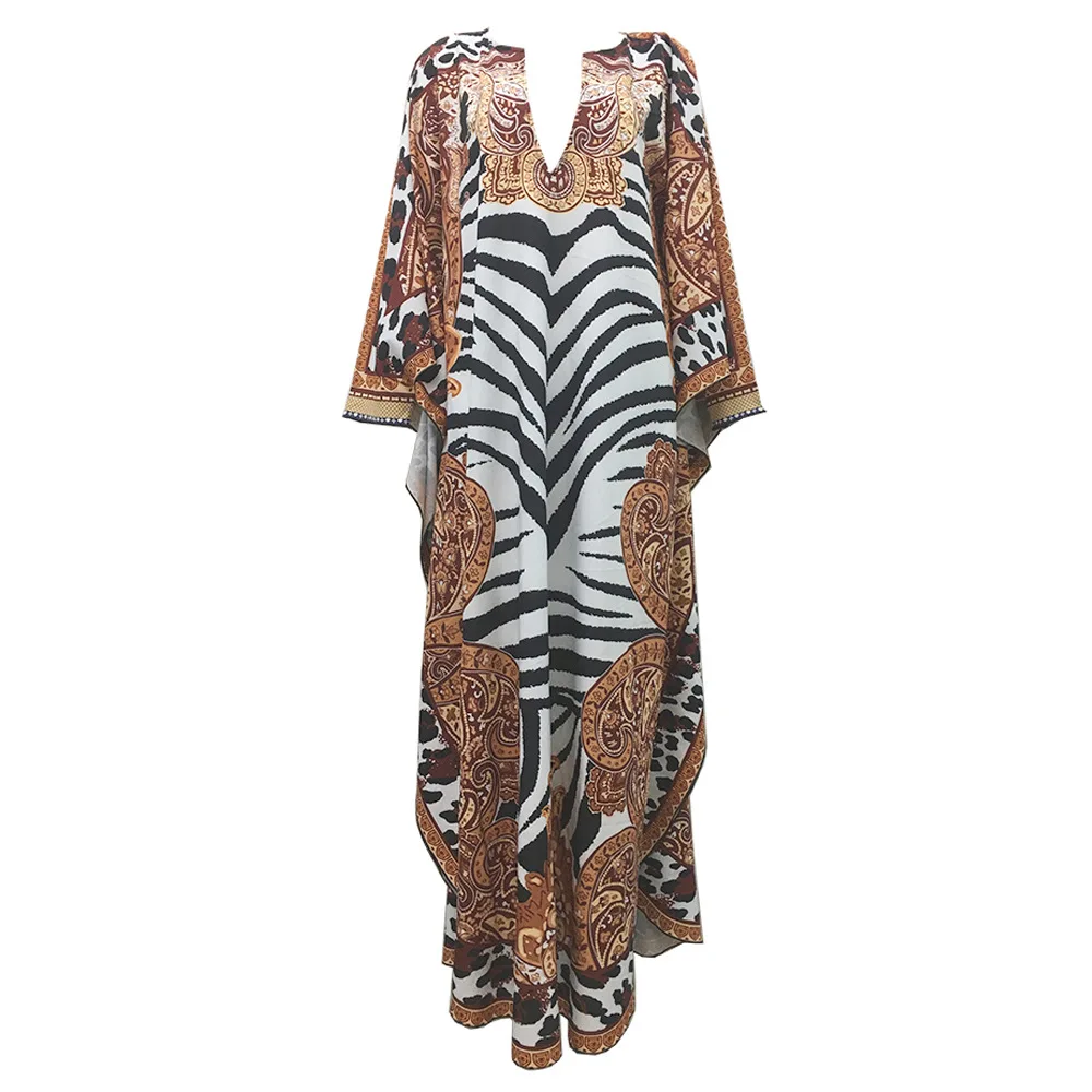 Zebra Printed Dashiki African Party Dress Women Plus Kanga Ladies Gown Muslim Abaya Kaftan Bat Sleeve V-neck Robes Maxi Dress