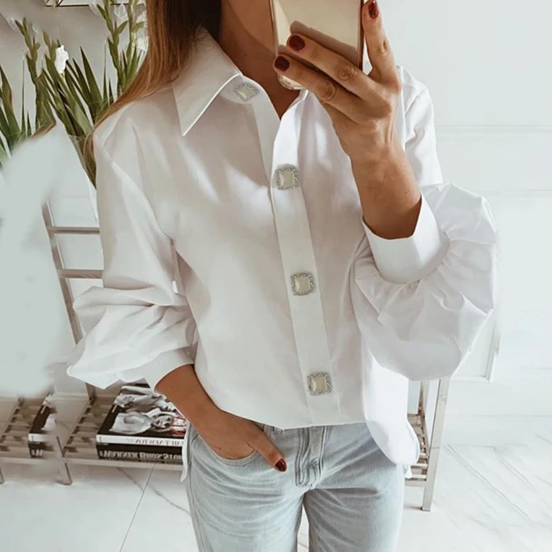 Офисная Женская блузка, модная Осенняя элегантная рубашка с длинным рукавом-фонариком, корейские рабочие топы, женская одежда, белая рубашка, женские топы