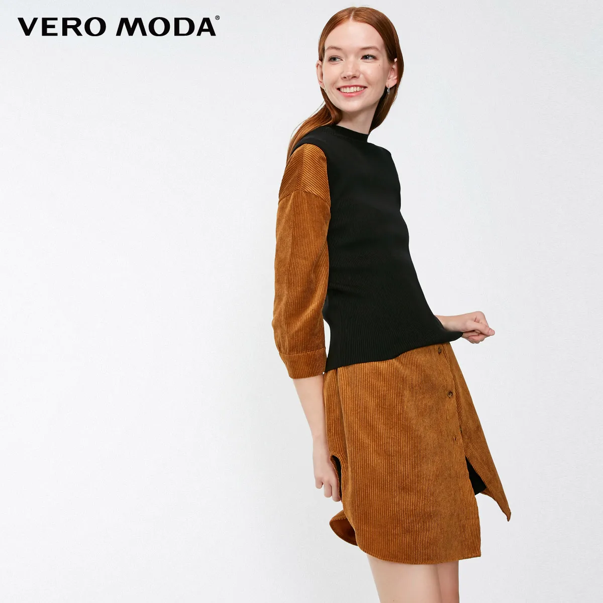 Vero Moda Новые поступления OL Стиль Круглый вырез из двух частей 3/4 рукава платье | 318431508 - Цвет: Burnt caramel