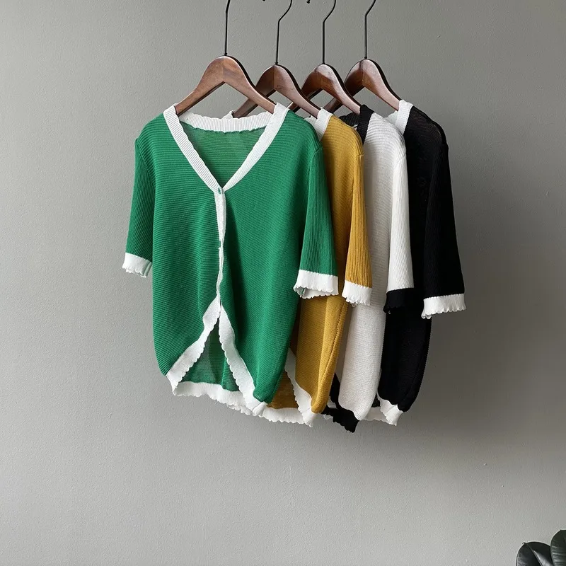 

V-neck Hollow Out Lumbar Ice Silk Cardigan Contrast Color Short Sleeve Knitted Tops 2021 Summer Chic Elegant Women Cardigans