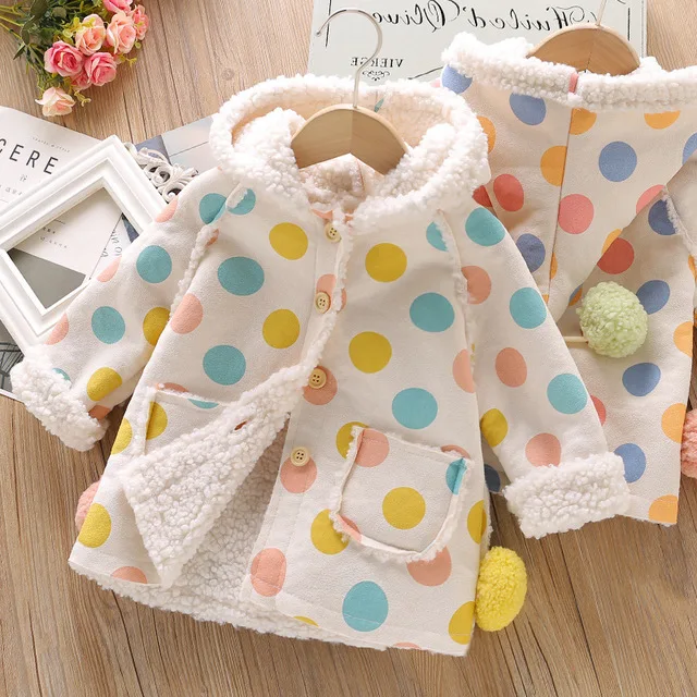 

Girls Jackets Winter Thicken Plus Velvet Toddler Girls Coats Warm Hairball Colored Dots Girl Jacket Baby Outerwear Coats 1-5 Y