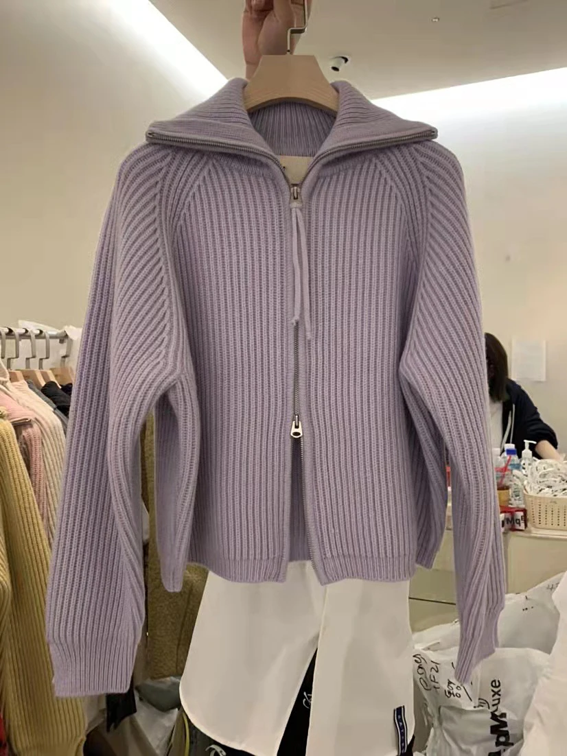 

2021 autumn new fashion temperament all-match solid color zipper split lapel sweater cardigan women