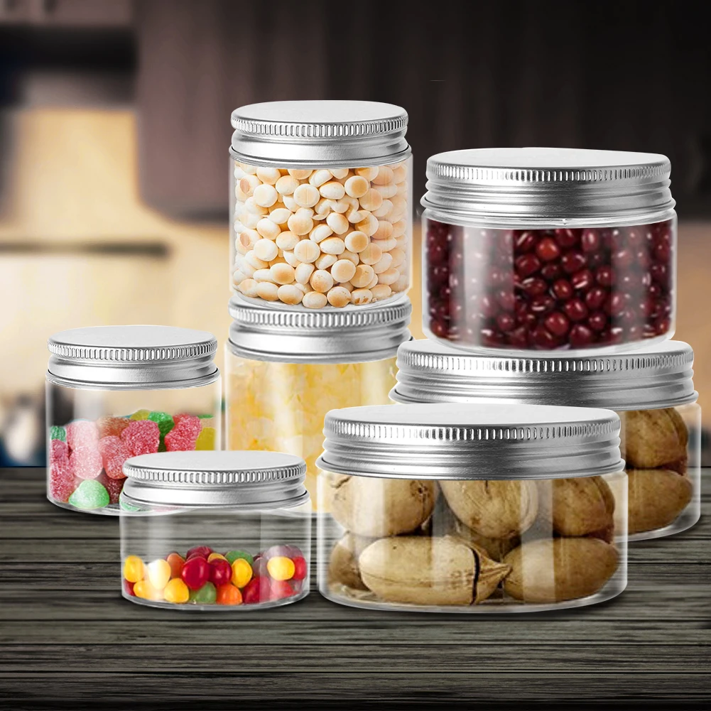 

50pcs Round Wide Plastic Container Clear Balm Aluminum Cap Pot 30ml 50ml 60ml 80ml 100ml 120ml 150ml Storage Jars Travel Bottle