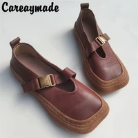 careaymade retro genuine leather womens shoes top layer cow leather breathable muffin thick sole original handsewn single shoes