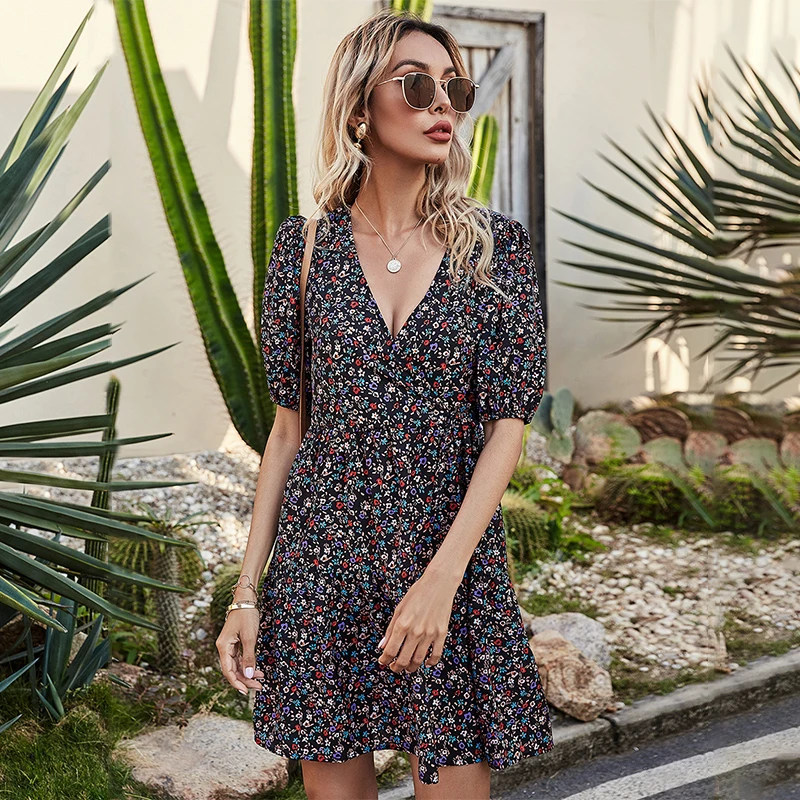 

Deep V Neck Short Sleeve Floral Print Dress Women Summer Casual Loose Streetwear Boho Beach Party Elegant Holiday Dresses