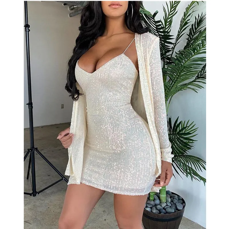 Женский комплект с блестками платье-комбинация v-образным вырезом мини-платье