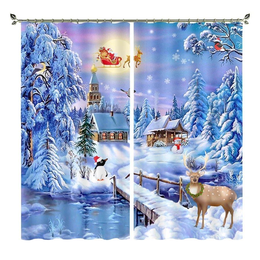 

Merry Christmas Curtains 3D Printed Christmas Blackout Curtains with One Same Photo 40*40cm Cushion Cover As Gift