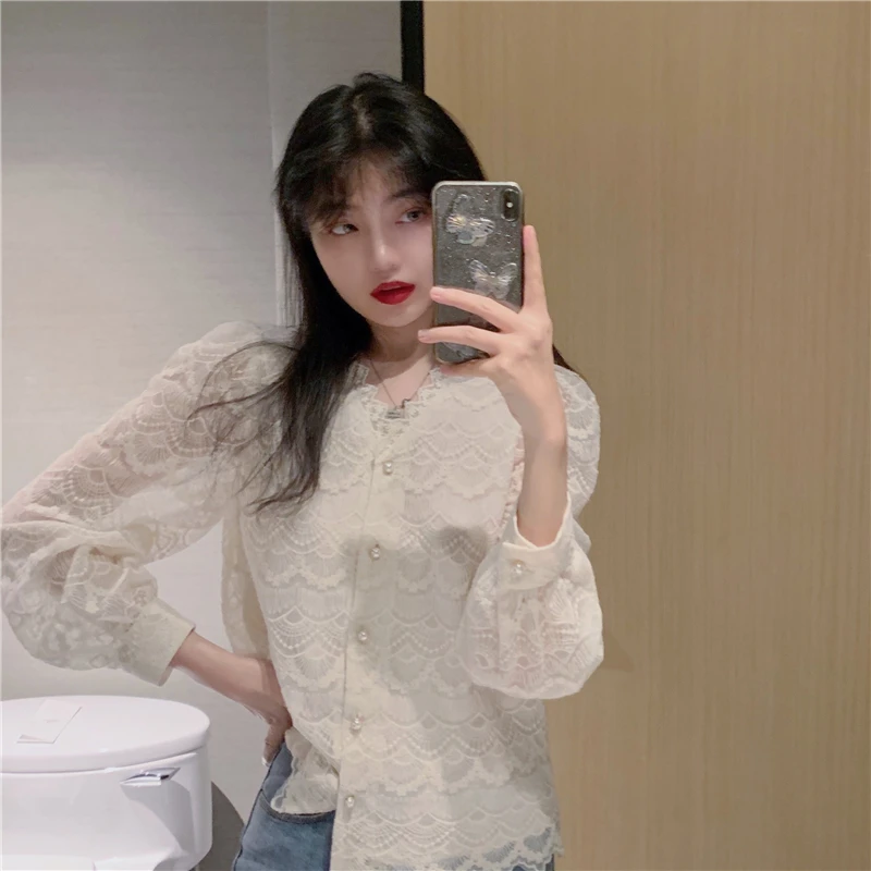 

Autumn 2020 lace tops casual clothing elegant female long sleeve lace tops korean fashion casual clothing women blouse