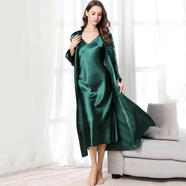 

Ladies Nightdress Imitation Silk Suspender Skirt Robe Two-piece Sexy Nightgown Bathrobe Home Service Sleepwear Sets Robe Set