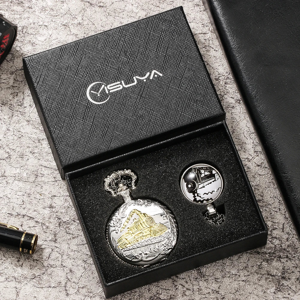 Quartz Pocket Watch Exquisite Train Design Case Watch Silver Pendant Necklace Chain Fashion Gift Sets for Friend