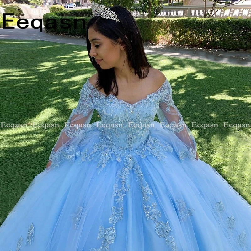 

Luxury Long Quinceanera Dresses 2020 Puffy Ball Gown Long Sleeve Sweet 16 Sixteen Beaded Sky Blue Formal Party Dress Custom