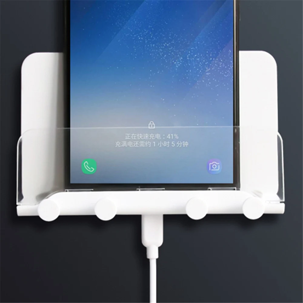 

Wall Mounted Phone Holder Adhesive Stand Plastic For Smartphone White Universal Built-in non-slip pad