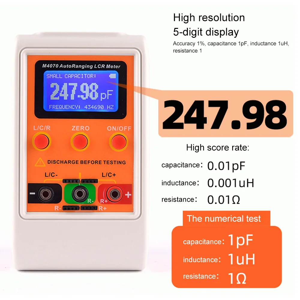 

JINGYAN M4070 LCR Meter Auto Ranging 1% Accuracy 5 Digit Display Handheld Capacitance Meter Built in 3.7V Li-polymer