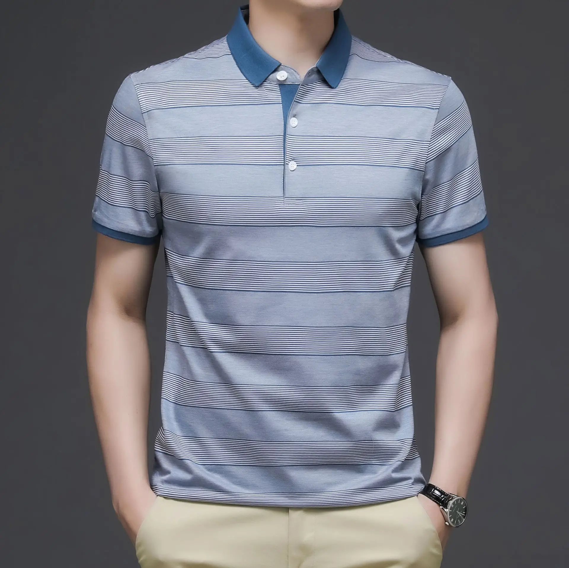 

Middle-aged men's short-sleeved father striped lapel cotton POLO shirt middle-aged silk cotton shirt collar summer shirt thin