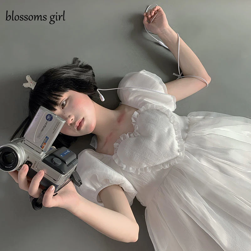 

Женское мини-платье с пышными рукавами, белое винтажное ТРАПЕЦИЕВИДНОЕ платье принцессы с квадратным вырезом, лето 2021