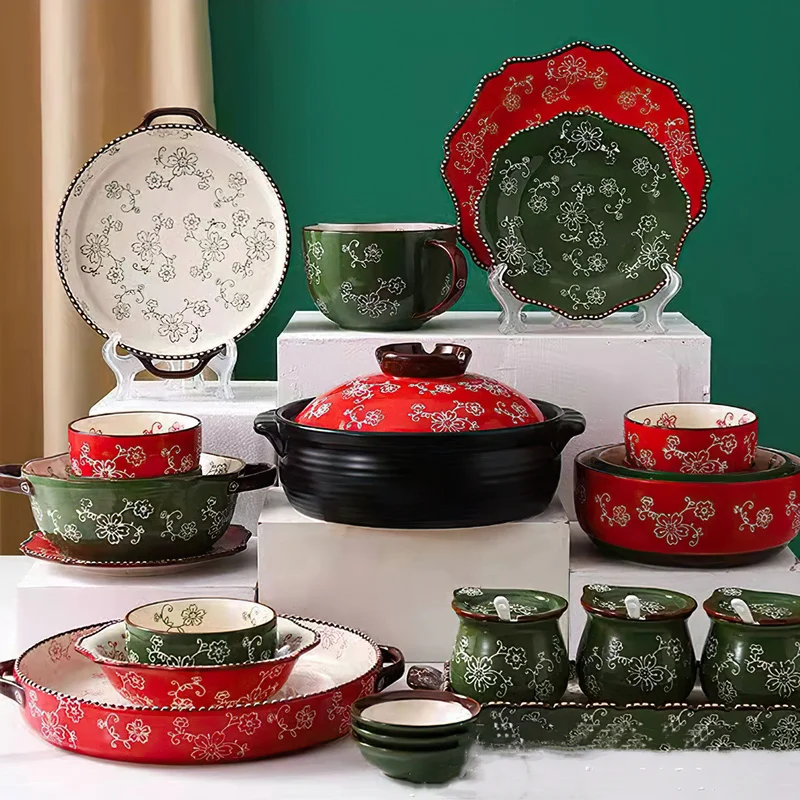 Ceramic Tableware Japanese Hand-painted Sakura Salad Bowl Western Dishes Steak Plate Bakeware Cup Household Kitchen Supplies