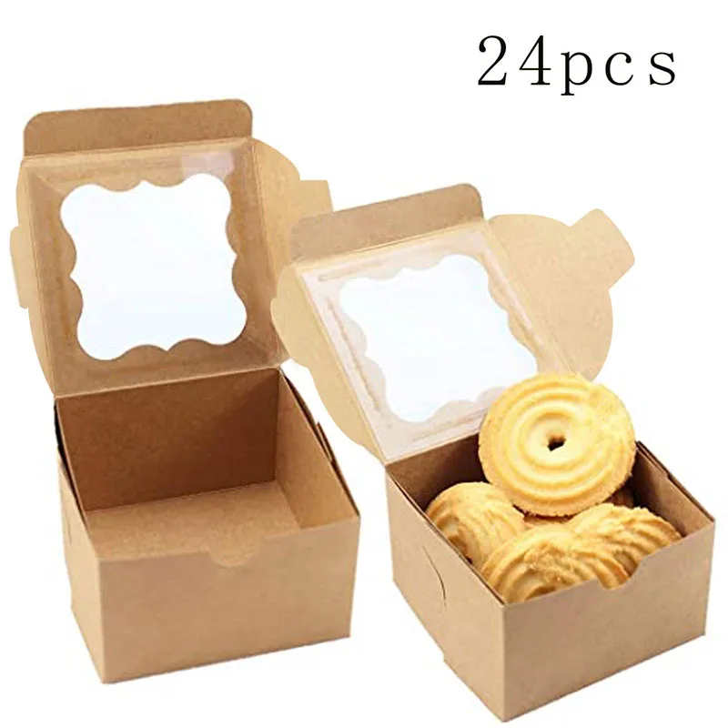

24Pcs Kraft Paper Packing Box Retro Window Candy Cake Boxes Wedding Party Cookie Favor Gifts Box Baby Shower Christmas Supplies