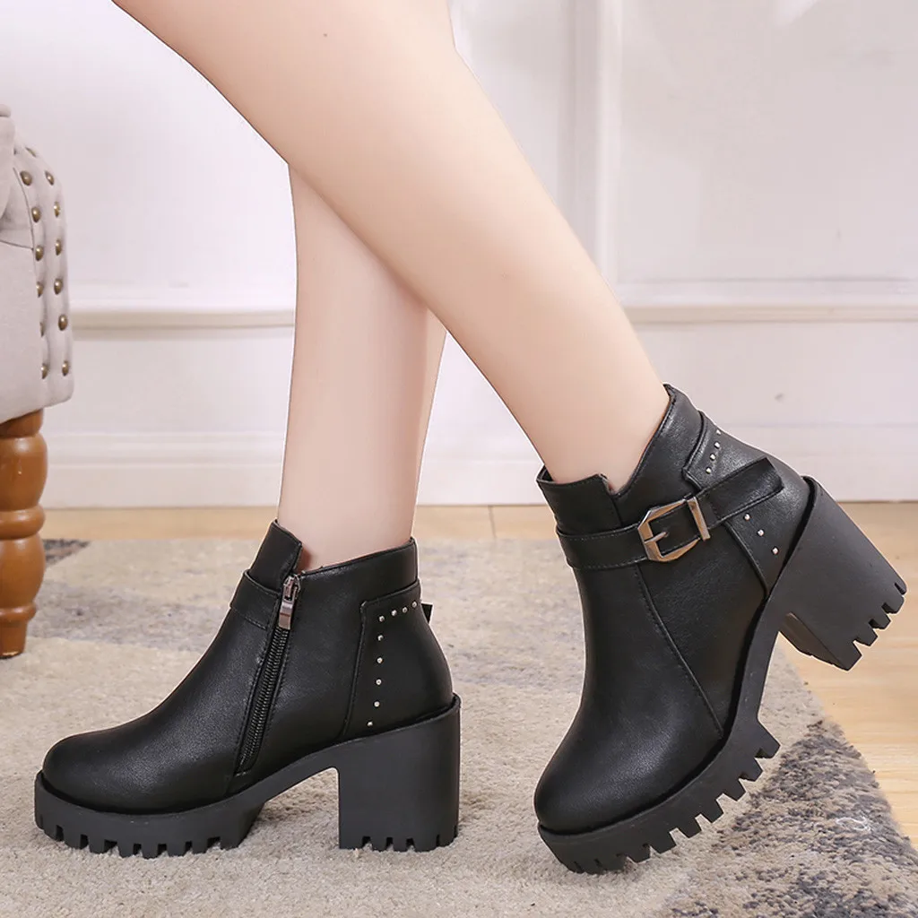 SAGACE Women Autumn Winter Ankle Boots Round Toe Heels Leather Booties Shoes Ladies Vintage Chunky | Обувь