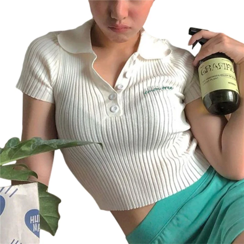 

Кроп-топ женский с коротким рукавом, пикантная вязаная футболка в рубчик, с надписью, топ с отложным воротником, майка, топ на лето