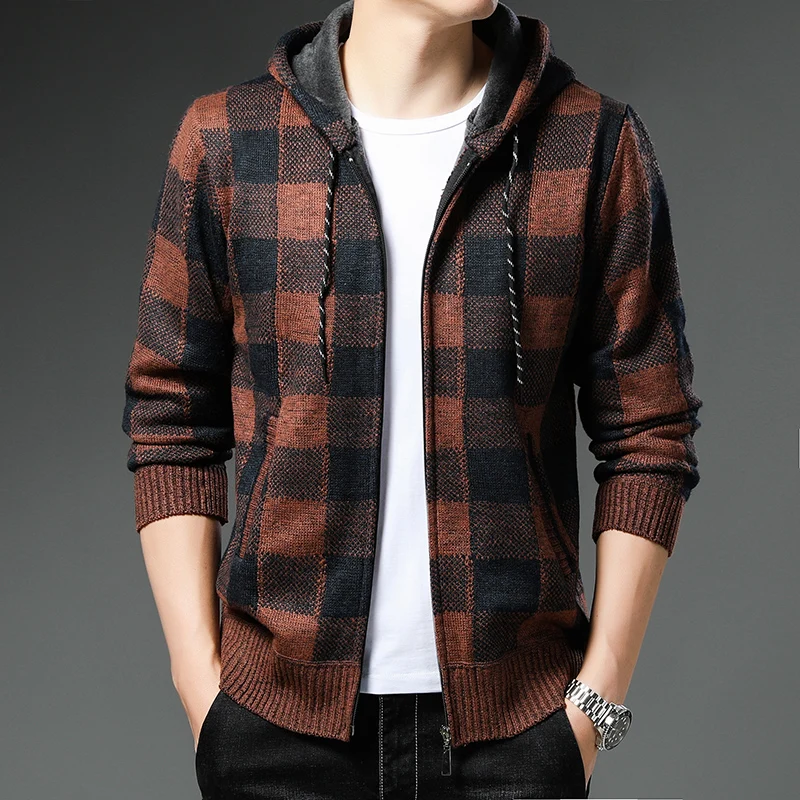 New Men's Cardigan Plaid Fleece Coat Autumn Winter Korean Hooded Sweater Loose Knitted Warm Y2K Male Hooded Zip Up Jacket