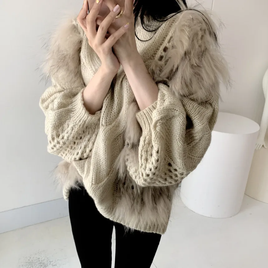 

High-quality sweater 2021 autumn and winter new round neck loose sweater stitching mink knit top Fashion women's clothing