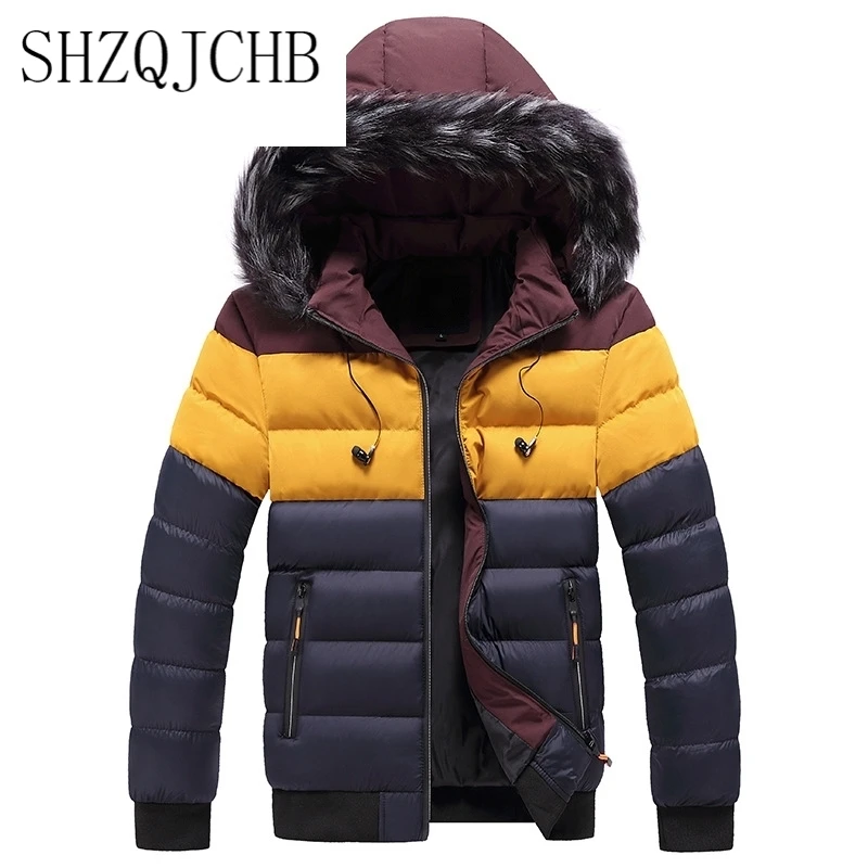 

arrival New Winter parkas Men Fur Collar Thick Cotton Padded Coat Hooded Patchwork Windproof Jacket Men Earphone Short Overcoat