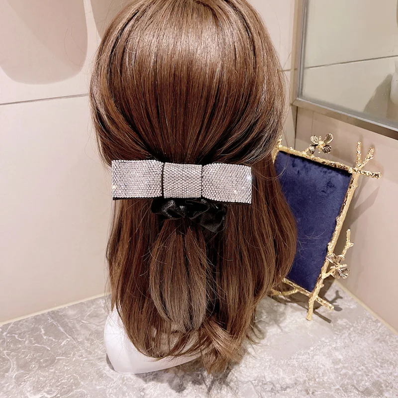 

Korean Large Bow Scrunchie Bling Rhinestone Hair Tie Pleated Elastic Hair Bands Luxury Wedding Party Headpiece Hair Accessories