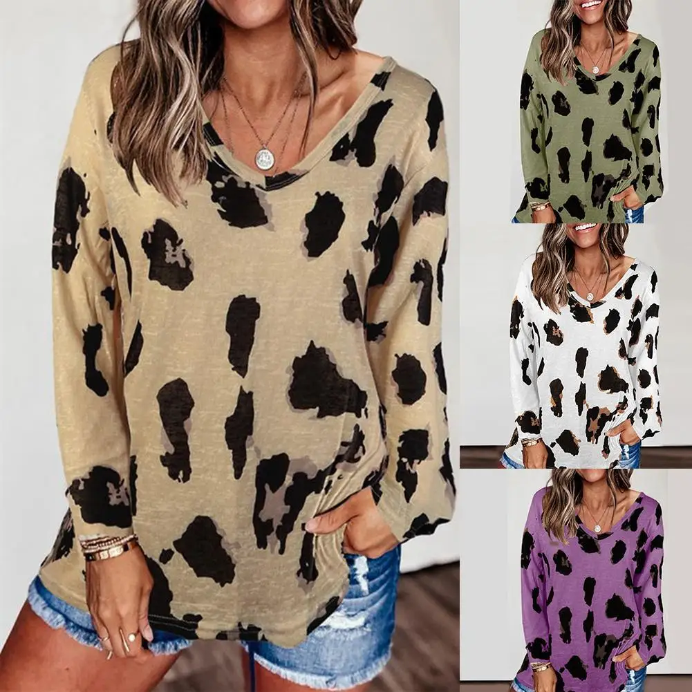 

Women Sweater Stylish V Neck Long Sleeve Leopard Print Loose Blouse T-shirt Pullover Autumn Winter Warm Sweaters Tops