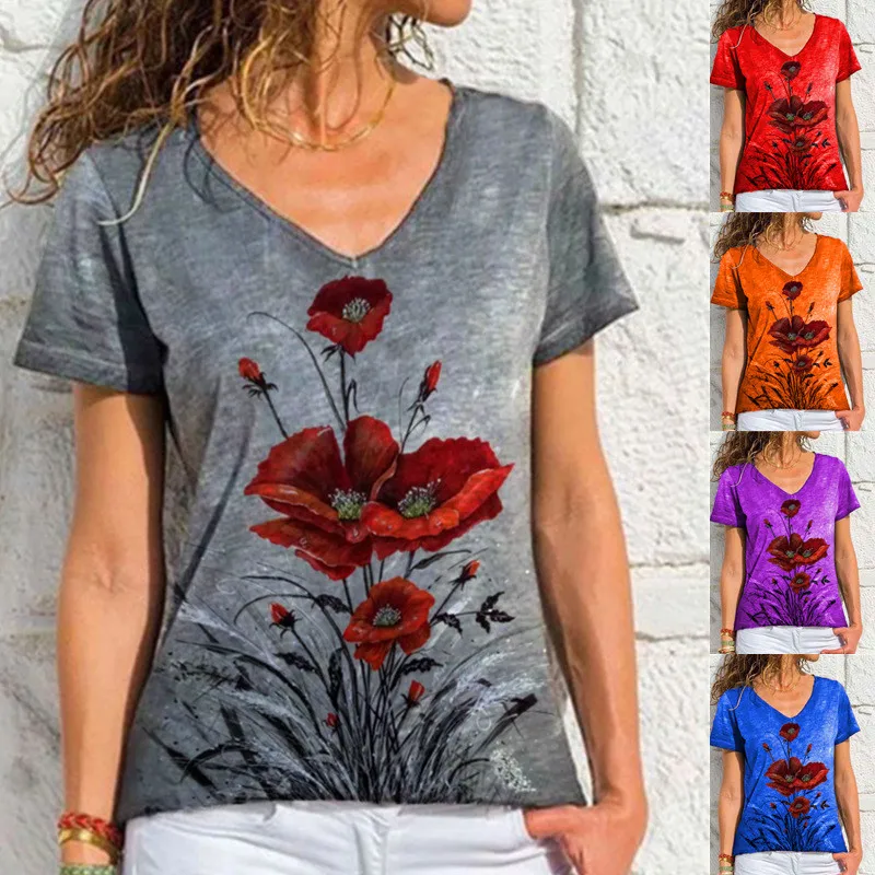 

Oversized New 2021 Women's Floral Print T-Shirt Summer Casual V-Neck Street Female Tops Loose Short Sleeve 4XL 5XL Plus Size Tee